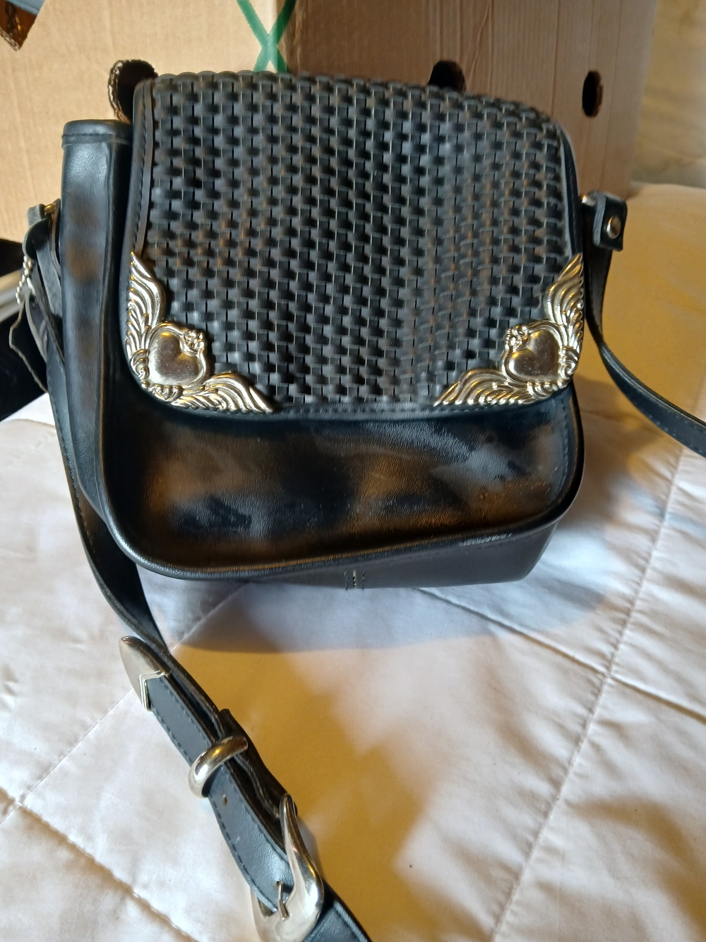 Genuine Leather Classic Black Crossbody Bag with Woven Flap and Silver Accents